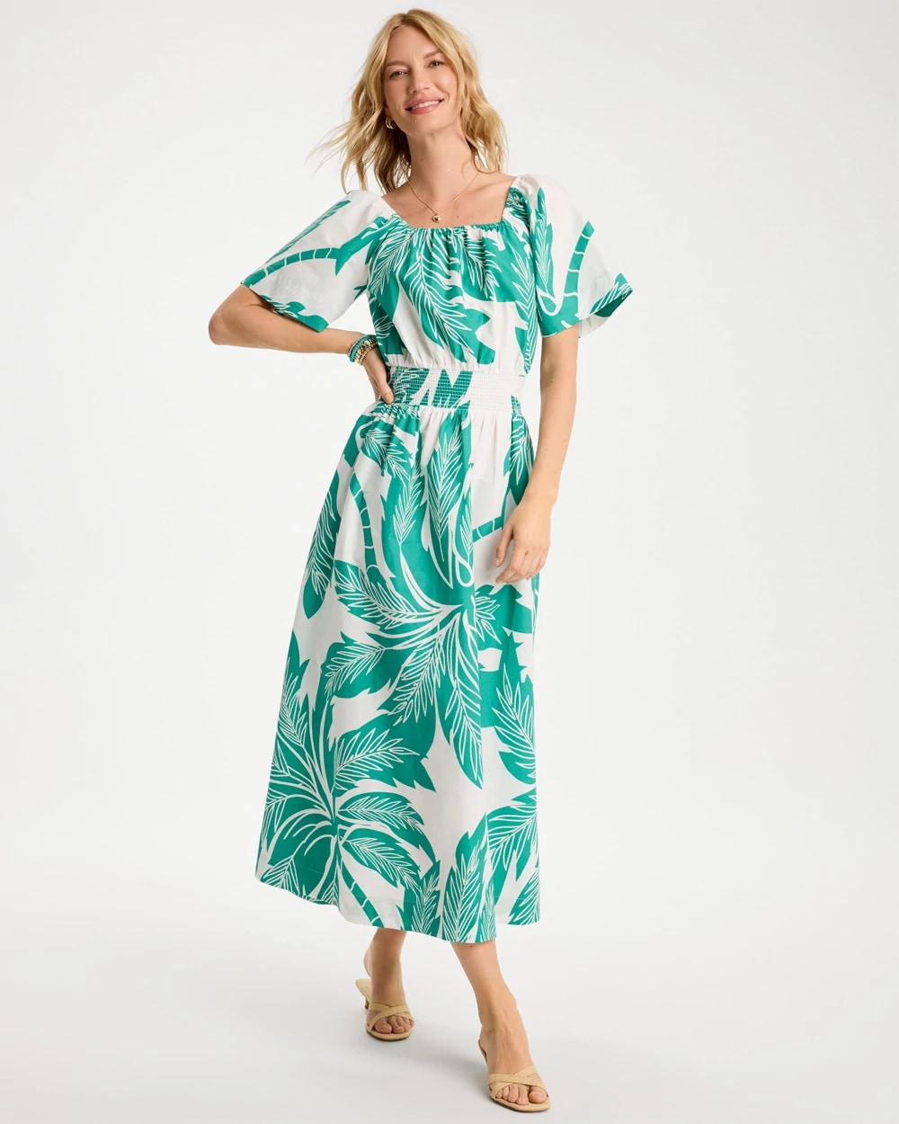 Topanga Green Poplin Cotton Off-Shoulder Printed Dress