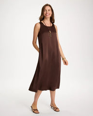 Deep Brown Faux Satin Sleeveless Dress