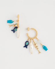 Blue Multi Fish Charm Crinkle Hoop Earrings