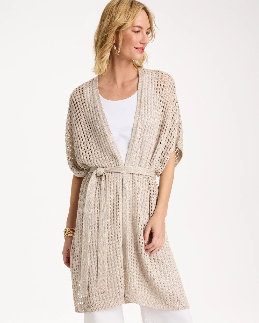 Neutral Crochet Knit Belted Ruana