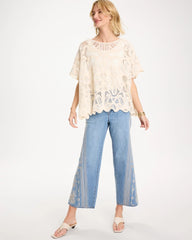 Ecru Woven Cotton-Blend Crochet Lace Poncho