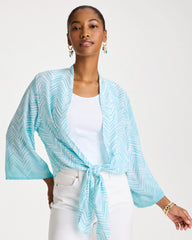 Bondi Blue Georgette Tie-Front Chevron Kimono