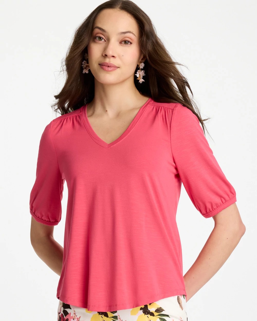 Hot Honeysuckle Shirred Elbow Sleeve Tee