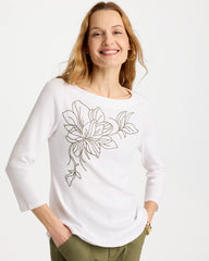 Alabaster Embroidered Pima 3/4 Sleeve Tee
