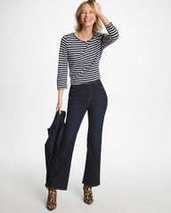 Passport Blue Striped Cotton Slub 3/4 Sleeve Button Tee