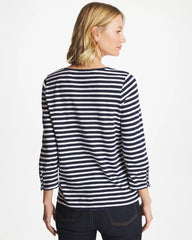 Passport Blue Striped Cotton Slub 3/4 Sleeve Button Tee