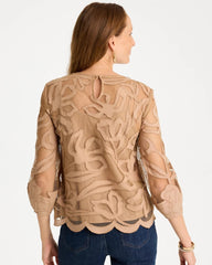 Cattail Brown Floral-Motif Mesh 3/4 Sleeve Top