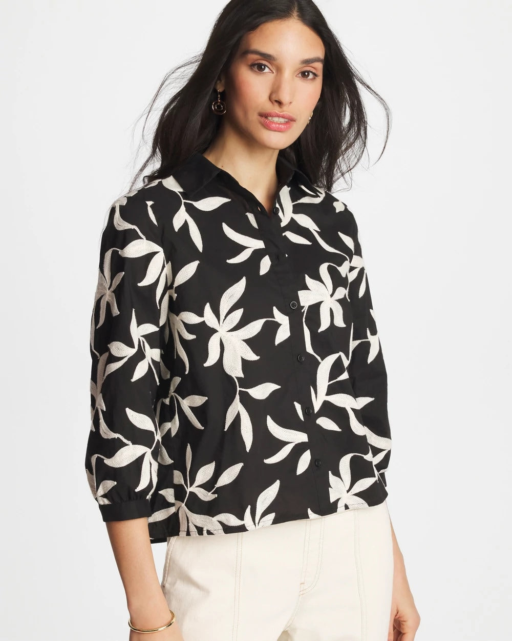 Black Embroidered Cropped Collared Shirt