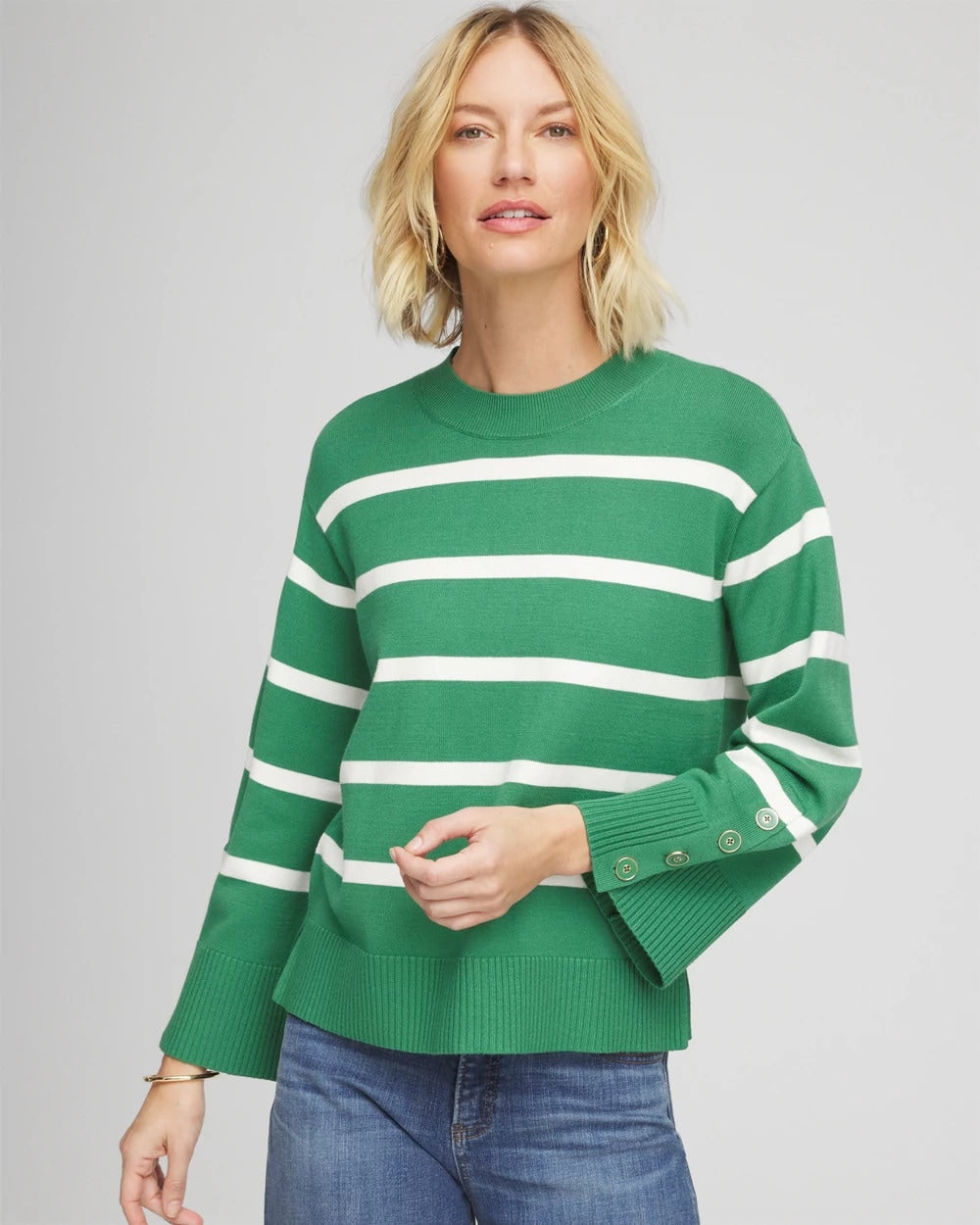 Jardin Green Striped Button Sleeve Crewneck Pullover Sweater