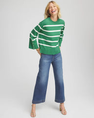 Jardin Green Striped Button Sleeve Crewneck Pullover Sweater