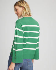 Jardin Green Striped Button Sleeve Crewneck Pullover Sweater