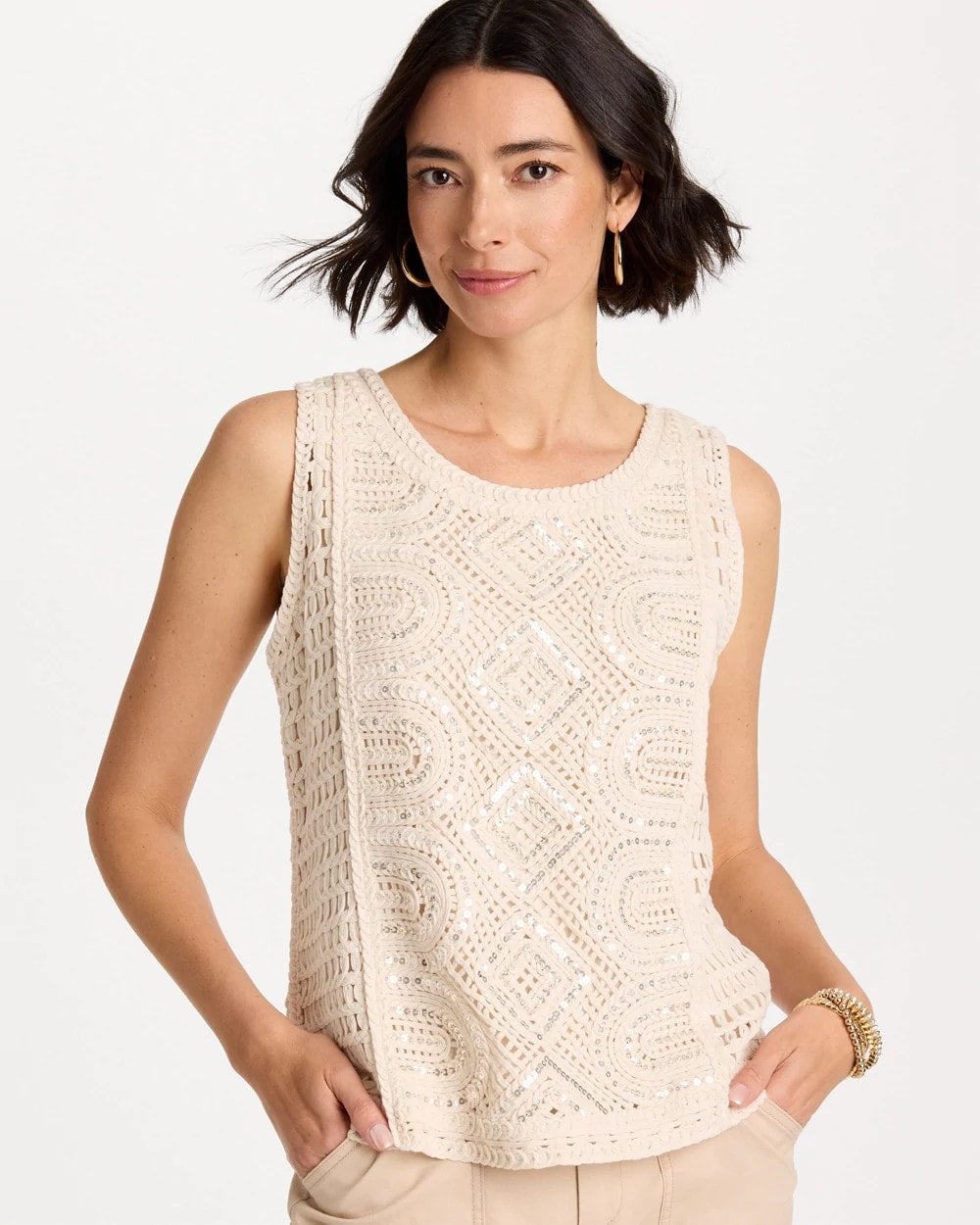 Neutral Crochet Sequin Tank