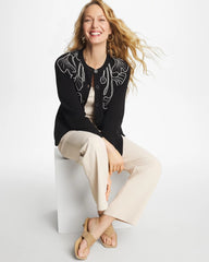 Black Embroidered Crewneck Cardigan Jacket