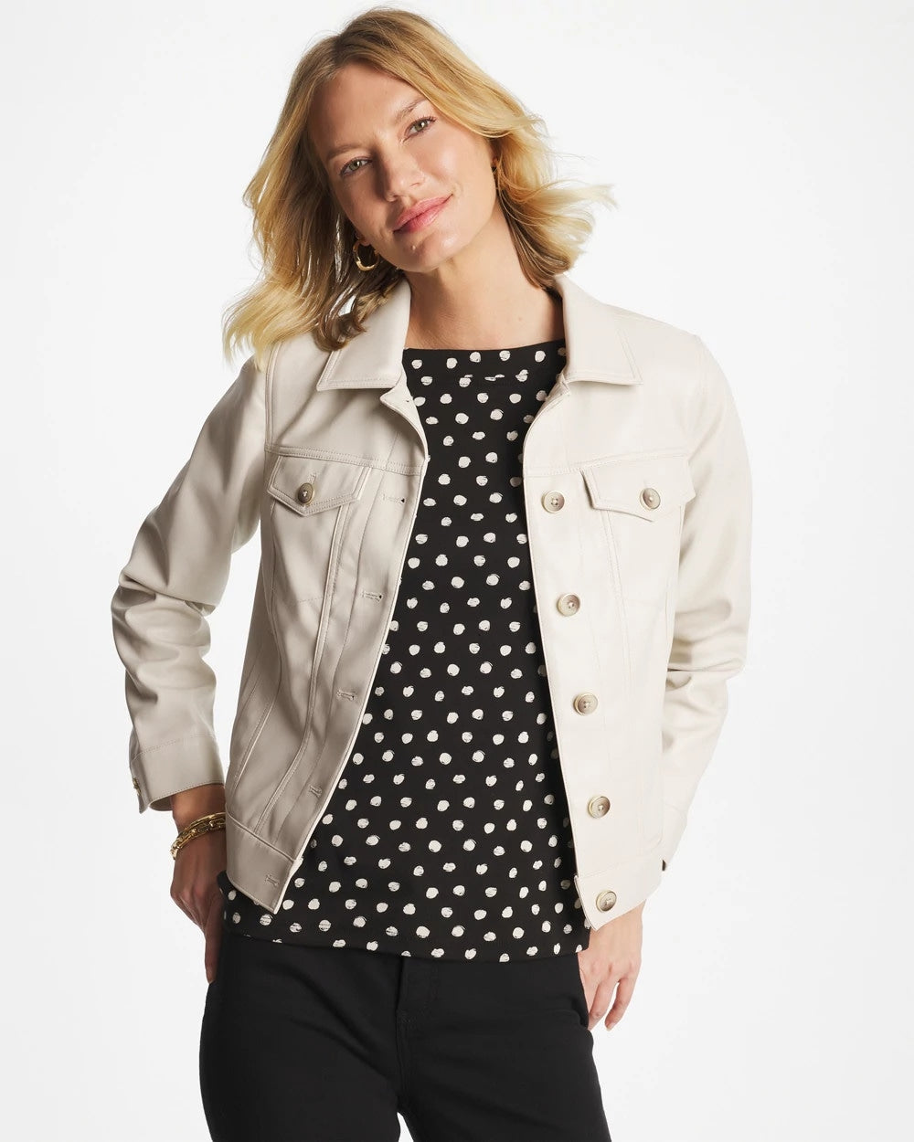White Truffle Faux Leather Trucker Jacket
