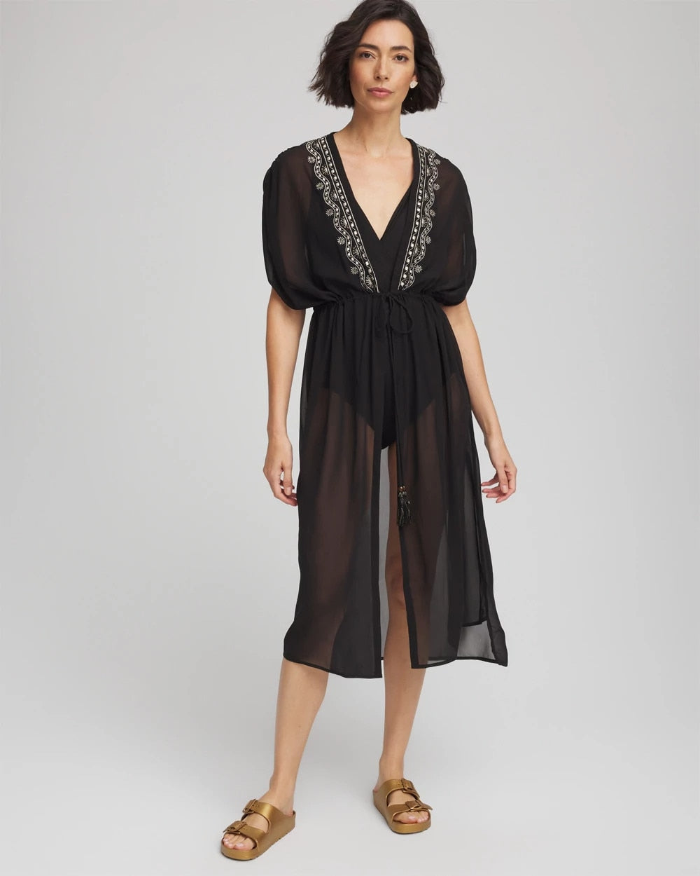 Black Miraclesuit® Beach Embroidered Long Kimono