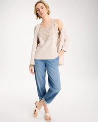 Smokey Taupe Embroidered Cotton Slub Scoopneck Tank