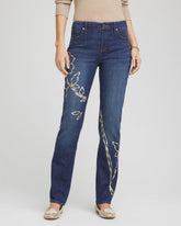 Sequoia Indigo Sequins Rose Girlfriend Slim-Leg Jeans