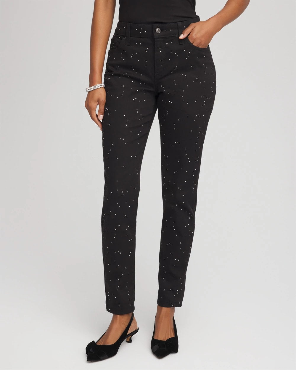 Black Stone Embellished Girlfriend Slim Ankle Jeans