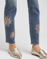 Brilliant Blue Indigo Embellished Starbursts Girlfriend Slim Ankle Jeans