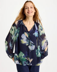 Passport Blue Crinkle Chiffon Tie-Front Blouse