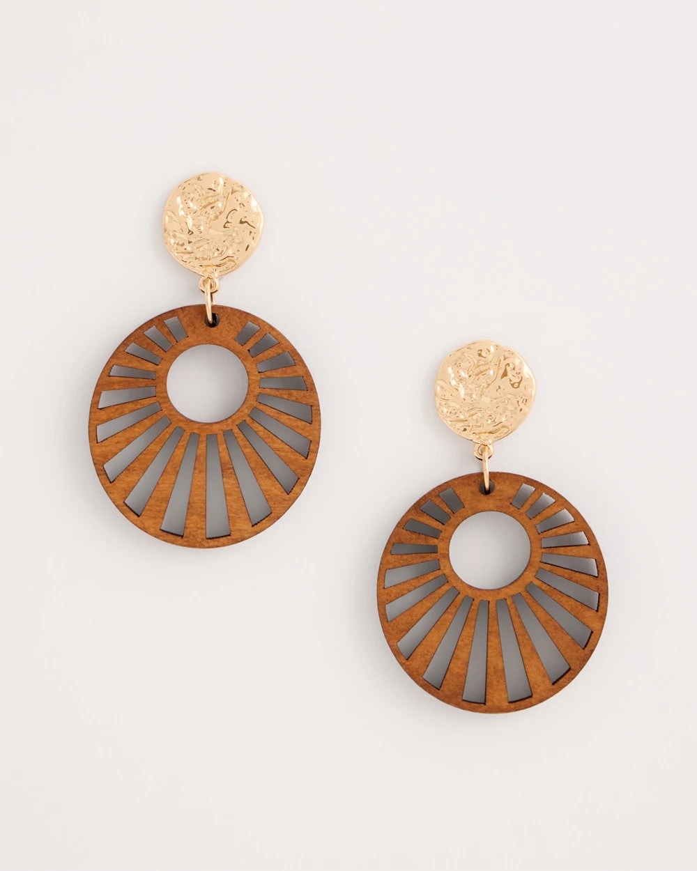 Brown Wood Carved Sun Drop Earrings