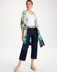 Topanga Green Printed Smocked Long Kimono