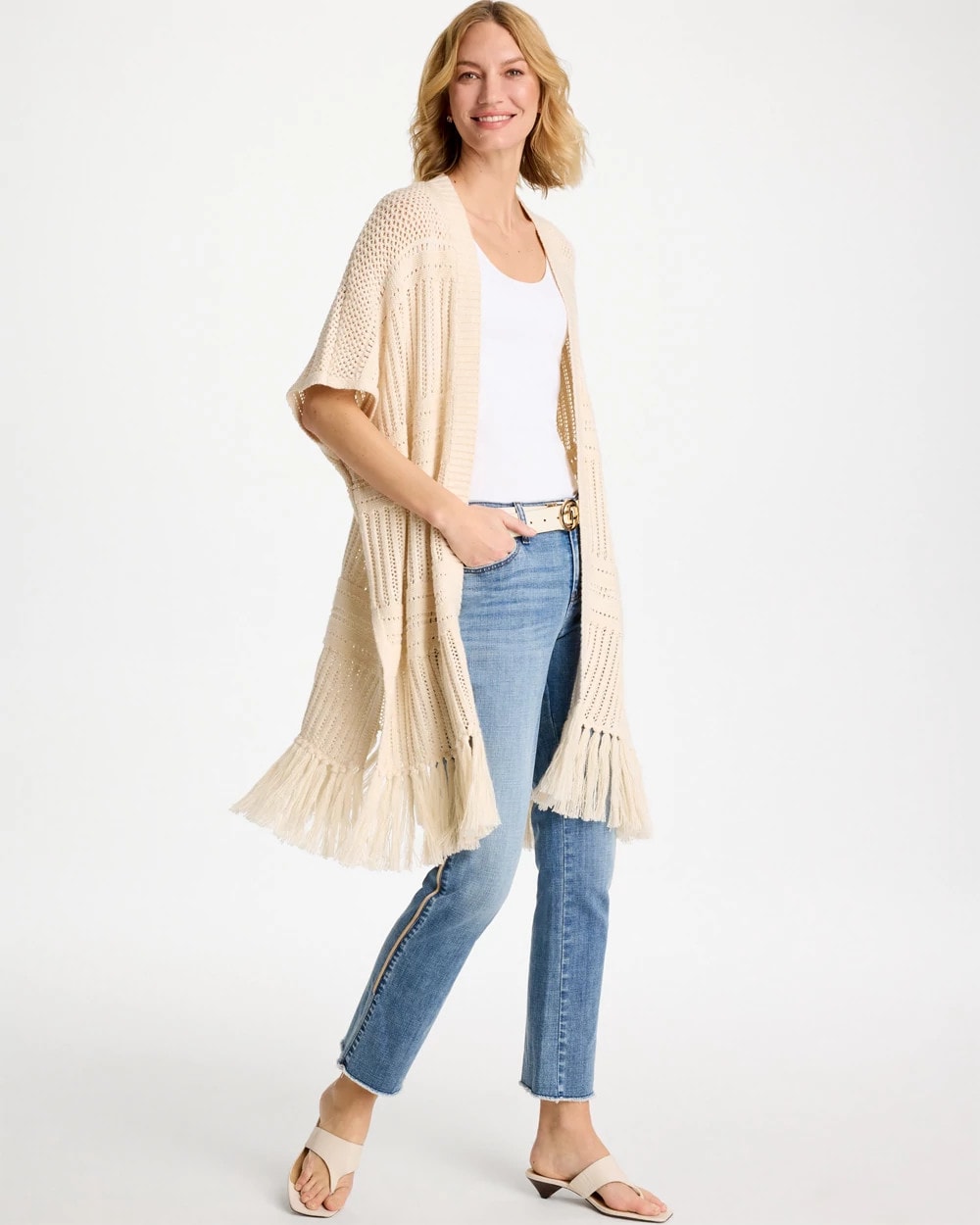 Cream Long Knit Fringe Ruana