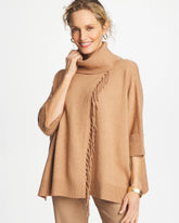 Faux Creme Coffee Heather Cowlneck Knit Fringe Poncho