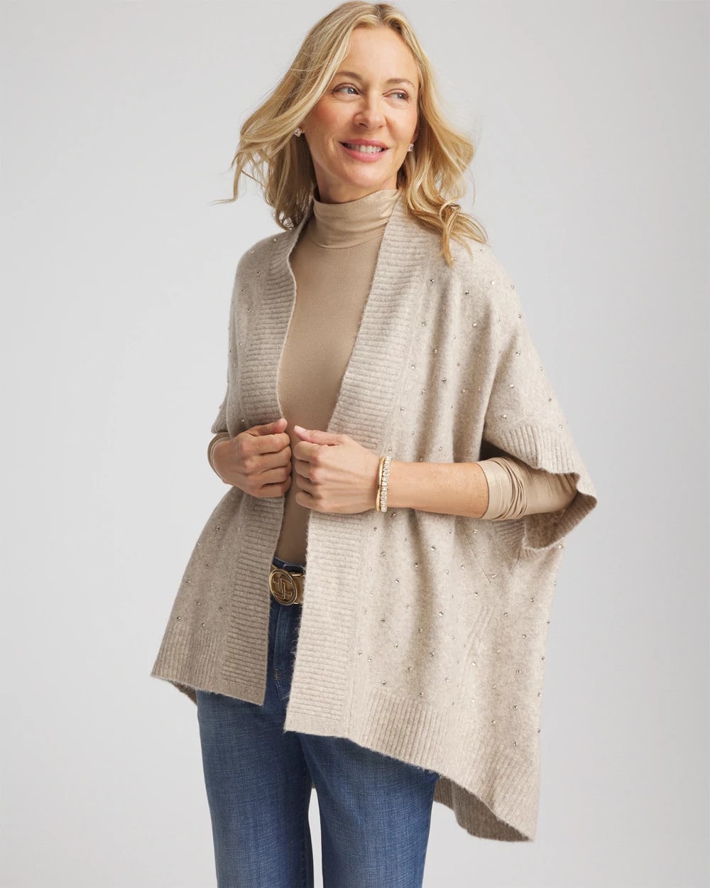 Neutral Embellished Cocoon Ruana