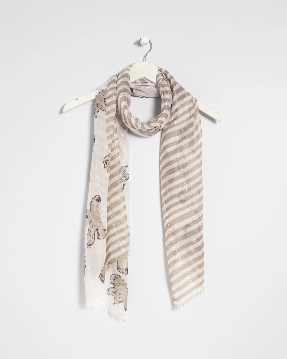 Neutral Striped Floral Oblong Scarf