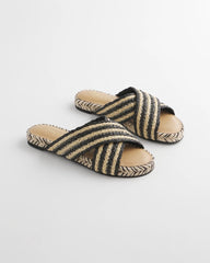 Black Raffia Striped Raffia Cross-Strap Slide Sandal