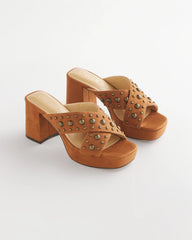 Cognac Vale Western Suede Block Heels
