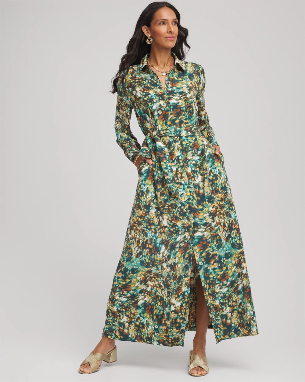 Darkest Spruce Printed Long-Sleeved Shirtdress