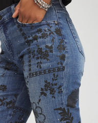Emilia Indigo Mixed-Media Girlfriend Slim Ankle Jeans