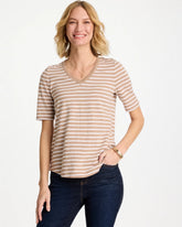 Cattail Brown Striped Cotton Slub V-Neck Tee