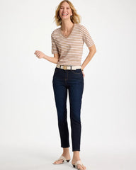 Cattail Brown Striped Cotton Slub V-Neck Tee