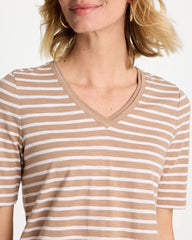 Cattail Brown Striped Cotton Slub V-Neck Tee