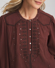 Cacao Embroidered Crinkle-Cotton Blouse