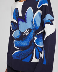 Tidal Blue Floral Intarsia Crewneck Pullover