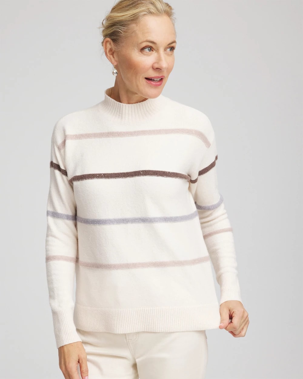 English Cream Sequined Stripe Pullover Sweater