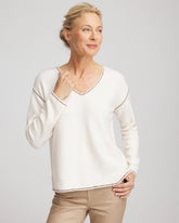 English Cream Contrast Stitch V-Neck Sweater