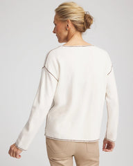 English Cream Contrast Stitch V-Neck Sweater