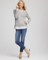 Gray Sequin Built-In Shirt Knit Sweater