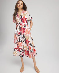 Multi Tonal Floral Ruffle-Sleeved Midi Dress