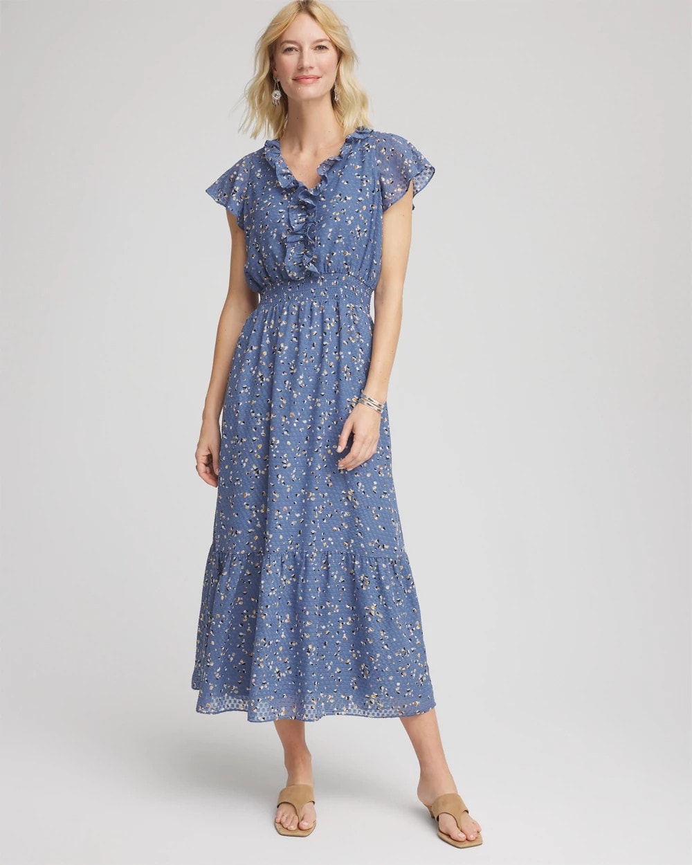 Blue Lotus Textured Ruffled-Placket Maxi Dress