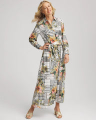 Ecru Artisanal Floral Print Maxi Shirtdress