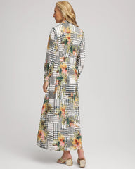 Ecru Artisanal Floral Print Maxi Shirtdress