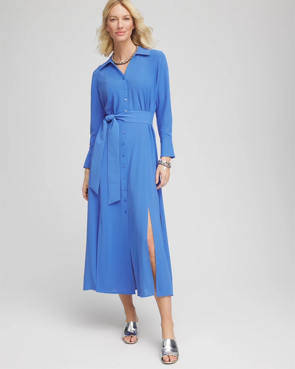 Blue Pearl Belted Split Hem Maxi Shirtdress