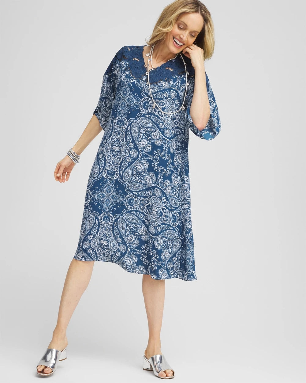 Seaport Blue Crepe Lace-Neck Dress