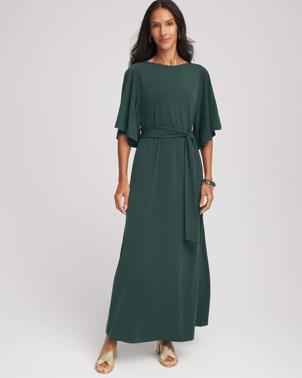 Darkest Spruce Belted Flutter-Sleeve Maxi Dress